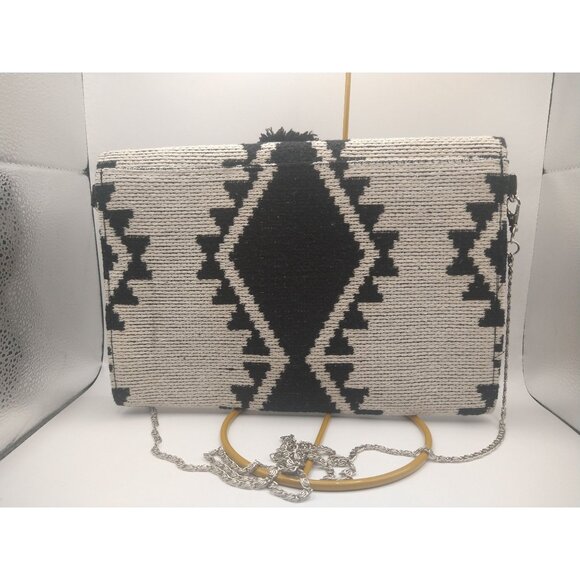 America & Beyond Aztec Tribal Hand Woven Clutch with Silvertone Crossbody Chain